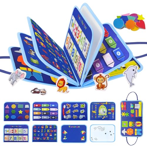 Bdwing Montessori Busy Board ab 1 Jahr – Lernspielzeug aus Filz mit Buchstaben, Zahlen, Farben, Formen & Uhr – Motorikspielzeug & Quiet Book für Kleinkind Reise Auto Flugzeug - Blauer von Bdwing