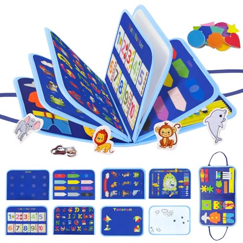 Bdwing Montessori Busy Board ab 1 Jahr – Lernspielzeug aus Filz mit Buchstaben, Zahlen, Farben, Formen & Uhr – Motorikspielzeug & Quiet Book für Kleinkind Reise Auto Flugzeug - Blauer von Bdwing