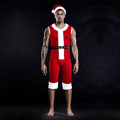 BeLongsYou 4 Stück Weihnachtsmann Anzug Set Für Männer Weihnachten Urlaub Rot Samt Fancy Flanell Weihnachtsmann Weihnachten Kostüm Mit Xmas Hut Und Gürtel von BeLongsYou