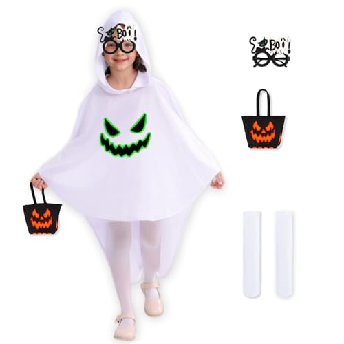 Beafaeur Gespenst Kostüm Kinder, Geister Weiß Umhang Mit Leuchtendem, Halloween Kostüm Kinder Geist mit Partybrille Kürbis Tasche Kniestrümpfe, für Halloween Karnevals Cosplay Party, 3–15 Jahre von Beafaeur