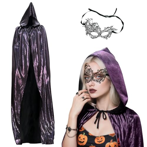 Beafaeur Halloween Umhang Damen mit Kapuze，Halloween Kostüm Vampir Umhang mit SpitzeMaske, 160cm Vampir Kostüm Damen, Lila Umhang Halloween Weihnachten Karneval Kostüm Fasching von Beafaeur