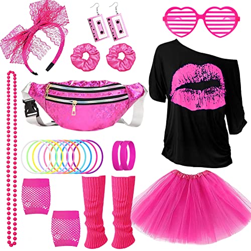 26 Stück Kostüm 80er Jahre Zubehör Abendkleidung Disco Neon 90er Jahre T-Shirt Tutu Armband Hüfttasche Brille Armband Halsketten Beinlinge Outfit Jahr Party Karneval Damen von Beamely