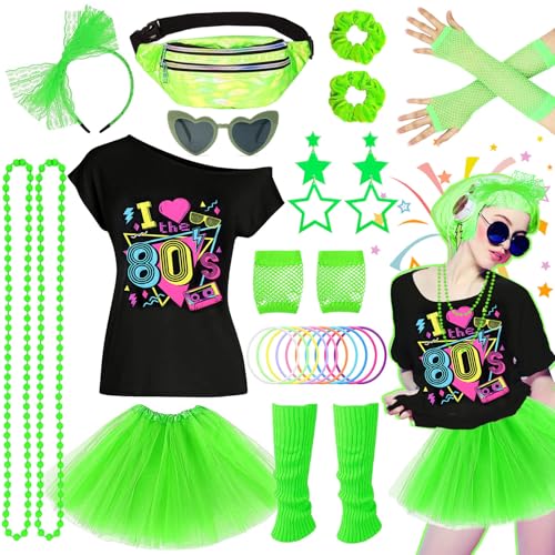 27 Pieces 80s Costume Accessories Disco Evening Dress 90s Neon Light T-Shirt Tutu Bracelet Fanny Pack Glasses Bracelet Necklaces Leg Warmer Women Outfit Year Theme Party von Beamely