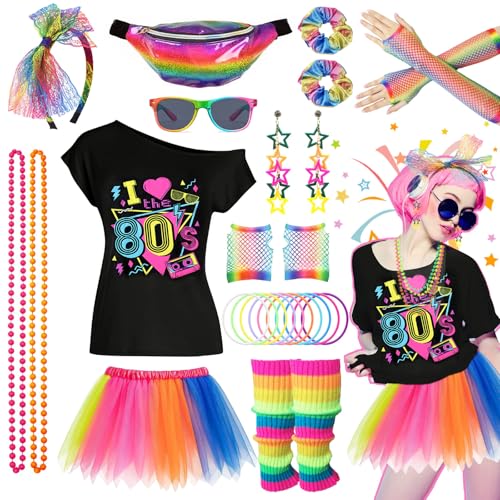 27 Pieces 80s Costume Accessories Disco Evening Dress 90s Neon Light T-Shirt Tutu Bracelet Fanny Pack Glasses Bracelet Necklaces Leg Warmer Women Outfit Year Theme Party von Beamely