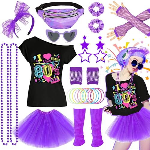 27 Pieces 80s Costume Accessories Disco Evening Dress 90s Neon Light T-Shirt Tutu Bracelet Fanny Pack Glasses Bracelet Necklaces Leg Warmer Women Outfit Year Theme Party von Beamely