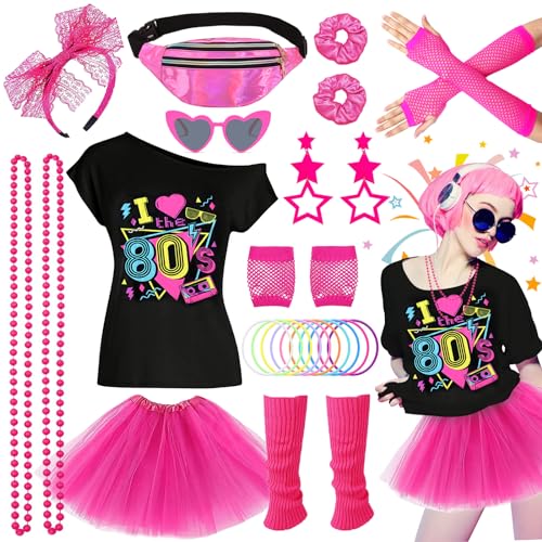 27-teiliges 80er-Jahre-Kostüm, Zubehör, Disco-Abendkleid, Neonlicht der 90er Jahre, T-Shirt, Tutu, Armband, Bauchtasche, Brille, Armband, Halsketten, Beinwärmer, Damen, Outfit, Jahr, Thema, Party, 27-teiliges 80er-Jahre-Kostüm, Zubehör, Disco-Abendkleid, Neonlicht der 90er Jahre, T-Shirt, Tutu, Armband, Bauchtasche, Brille, Armband, Halsketten, Beinwärmer, Damen, Outfit, Jahr, Thema, Party, von Beamely