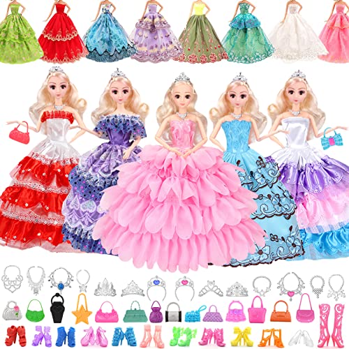 48 Stück Puppenkleidung für Barbie-Puppe, Kollektion von Zubehör für Puppen von 11,5 Zoll mit 6 Prinzessinnenkleidern + 20 Schuhen + 10 Taschen + 6 Halsketten + 6 Kronen (zufällige Stile) von Beamely