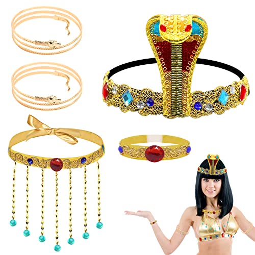 5-teiliges ägyptisches Kostüm-Zubehör-Set, inklusive Kobra-Kopfschmuck, Quaste, Perlenkette, Wirbel-Schlangenarmband, simuliertes Edelstein-Armband, antikes Ägypten, Vintage-Party, Halloween-Kostüm von Beamely