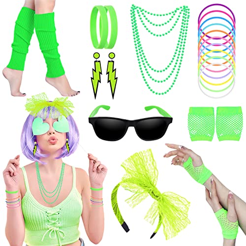 80er Jahre Fancy Kleid Kostüme Zubehör, 80er Jahre Stil Kleider Party Sets für Frauen, Kinder Neon Beinwärmer Halsketten Armband Fischnetz Handschuhe Bogen Stirnband Ohrringe Sonnenbrillen-3 von Beamely