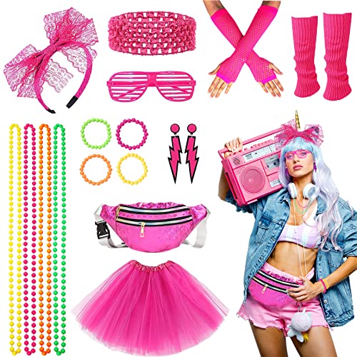 80er Jahre Fancy Kleid Kostüme Zubehör, 80er Jahre Stil Kleider Party Sets für Frauen, Kinder Neon Beinwärmer Halsketten Armband Fischnetz Handschuhe Bogen Stirnband Ohrringe Sonnenbrillen von Beamely