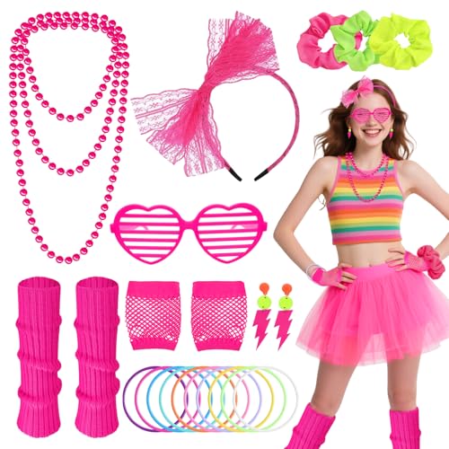 80er Jahre Faschingskostüme Set für Damen, 1980er Jahre Neon Party Kostüm Zubehör mit Ohrringen Armband Halskette Beinstulpen Fischnetz Handschuhe Stirnband Scrunchies Retro Outfit für 80er Jahre von Beamely