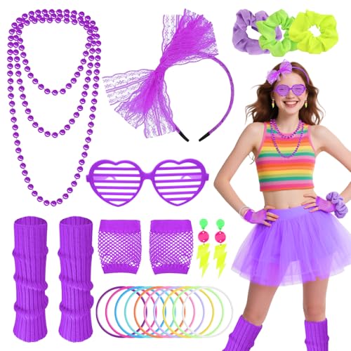80er Jahre Faschingskostüme Set für Damen, 1980er Jahre Neon Party Kostüm Zubehör mit Ohrringen Armband Halskette Beinstulpen Fischnetz Handschuhe Stirnband Scrunchies Retro Outfit für 80er Jahre von Beamely