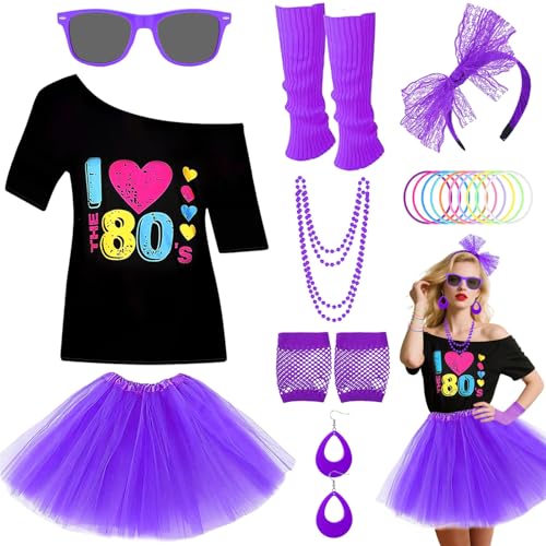 80er-Jahre-Kostüm-Outfit-Zubehör-Set für Mädchen, 1980er-Jahre-Kostüm-Set mit violettem T-Shirt, Tutu, Rock, Stirnband, Ohrringen, Halskette, Fischnetzhandschuhen, Beinstulpen, Brille, Armband für von Beamely
