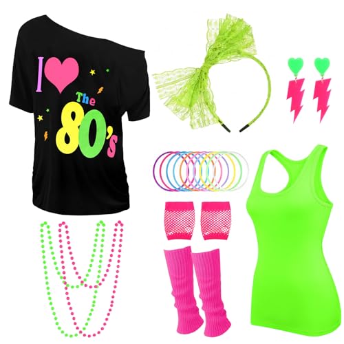 80er-Jahre-Kostüm-Zubehör-Set für Damen, "I Love 80's Print", schulterfrei, Tank-Stirnband, Armband, Ohrringe, Halskette, Fischnetzhandschuhe, Beinstulpen für 80er-Jahre-Party (L) von Beamely