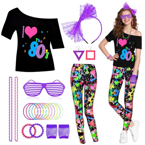 80er-Jahre-Kostüm-Zubehör-Set für Damen, schulterfrei, T-Shirt, Leggings, Hose, Halskette, Ohrringe, Armband, Haarband, Fischnetz-Handschuhe für Retro-Mottoparty (blau + lila, XXL) von Beamely