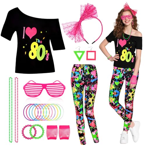 80er-Jahre-Kostüm-Zubehör-Set für Damen, schulterfrei, T-Shirt, Leggings, Hose, Halskette, Ohrringe, Armband, Haarband, Fischnetz-Handschuhe für Retro-Mottoparty (gelb + grün, L) von Beamely