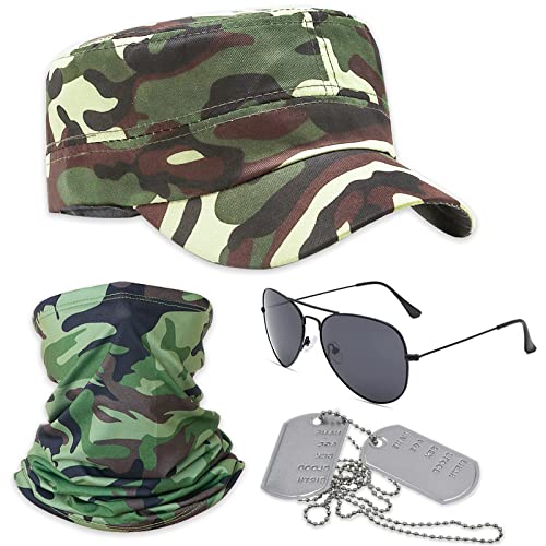 Beamely 4-teiliges Armee-Camouflage-Kostüm-Set, solides Militär-Kostümzubehör mit Camouflage-Hut, Halswärmer, Sonnenbrille, Hundemarke für Erwachsene, Cosplay, Verkleidungsparty von Beamely