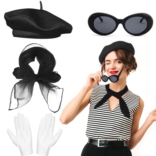 Beamely Französisches Damen-Zubehör-Set, Künstler-Mime-Kit mit Baskenmütze, Schal, Sonnenbrille, Handschuhe für Mädchen, Cosplay, Partyzubehör, Schwarz Beamely Französisches Damen-Zubehör-Set, Künstler-Mime-Kit mit Baskenmütze, Schal, Sonnenbrille, Handschuhe für Mädchen, Cosplay, Partyzubehör, Schwarz von Beamely