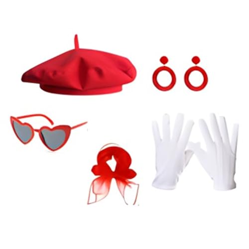 Beamely Französisches Frauenkostüm-Zubehör-Set, französische Künstler-Mime-Kit mit rotem Baskenmütze und Sonnenbrille, Handschuhen für Damen, Mädchen, Cosplay, Partyzubehör, Schulverkleidungstag (Rot von Beamely