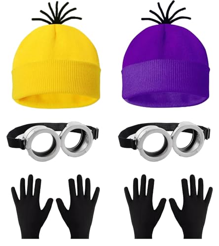 Doppel-Anzug, gelbes und violettes Kostümzubehör-Set, gelbe und violette Beanie, Brille und schwarze Handschuhe, perfekt für Halloween, Partys, Verkleidungen, Cosplay und Filmthemen-Events Doppel-Anzug, gelbes und violettes Kostümzubehör-Set, gelbe und violette Beanie, Brille und schwarze Handschuhe, perfekt für Halloween, Partys, Verkleidungen, Cosplay und Filmthemen-Events von Beamely