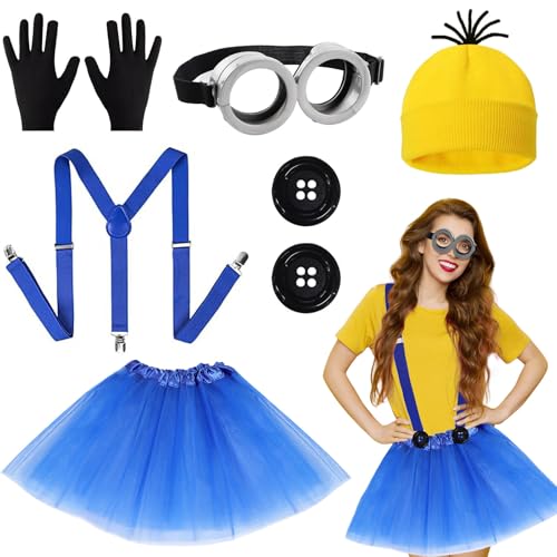 6-teiliges gelbes Cosplay-Kostüm-Set für Damen, einschließlich gelber Strickmütze, Brille, Handschuhe, blauer Tutu-Rock und Riemen für Halloween & Partyspaß, Welttag des Buches von Beamely