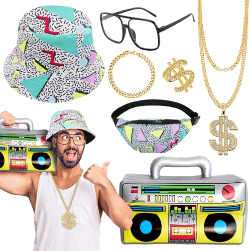 Hip-Hop-Kostüm-Set, 80er-/90er-Jahre, grobes Rapper-Gangster-Zubehör-Set, Verkleidung mit Eimerhut, Bauchtasche, Dollarzeichen, Halskette, Ring, Brille, Armband, aufblasbare Boom-Box für von Beamely