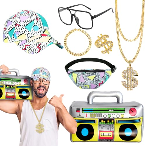 Hip-Hop-Kostüm-Set, 80er-/90er-Jahre, grobes Rapper-Gangster-Zubehör-Set, Verkleidung mit Eimerhut, Bauchtasche, Dollarzeichen, Halskette, Ring, Brille, Armband, aufblasbare Boom-Box für von Beamely