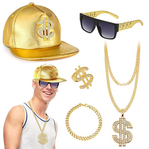 Hip-Hop-Kostüm-Set für Damen und Herren, dickes Rapper-Gangster-Zubehör-Set der 80er/90er Jahre, Kostüm-Outfits für Disco-Party von Beamely