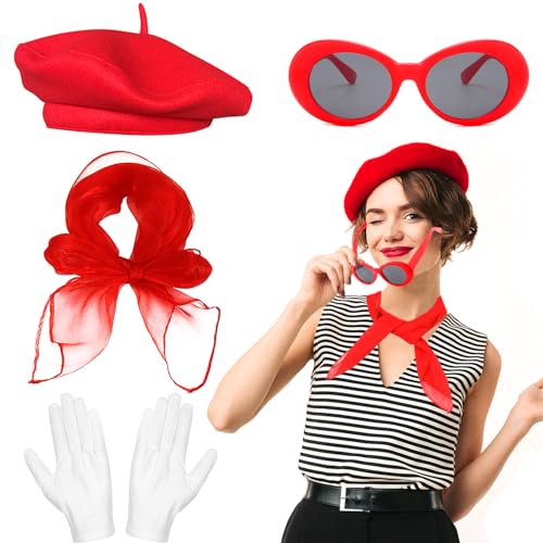 Kostüm-Zubehörset für französische Frauen, französisches Pantomimen-Set mit roter Baskenmütze, Schal, Sonnenbrille, Handschuhen für Frauen und Mädchen, Cosplay-Partyzubehör, Schul-Verkleidungstag Kostüm-Zubehörset für französische Frauen, französisches Pantomimen-Set mit roter Baskenmütze, Schal, Sonnenbrille, Handschuhen für Frauen und Mädchen, Cosplay-Partyzubehör, Schul-Verkleidungstag von Beamely