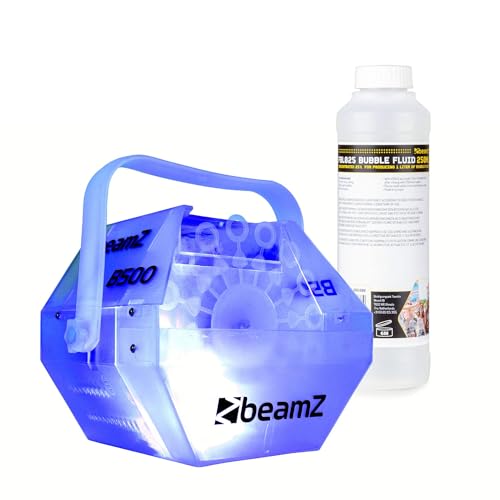 BeamZ B500LED - Automatische Seifenblasenmaschine mit LED inkl. 250ml Seifenblasen-Misch-Konzentrat (für 1L), kompakte Seifenblasen Maschine, 9000 Blasen pro Minute, 25 Watt, Bubble Machine von Beamz