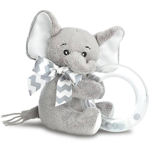 Bearington Baby Lil‘ Spout Ring Rassel, Grauer Plüschelefant, Grauer Plüschelefant, Stofftier Elefantenbaby, 5,5 Zoll von Bearington Collection