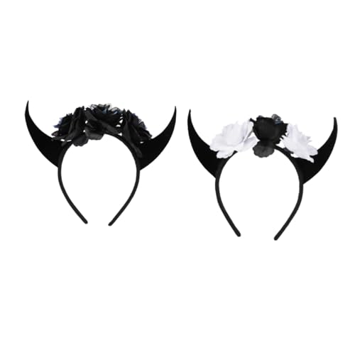 Beatifufu 2 Stück Halloween Hörner Haarreif mit Totenkopf und Blumen Schwarzes und Orangefarbenes Teufelshörner Stirnband Robustes Kostümzubehör für Party Karneval Cosplay und Festlichkeiten von Beatifufu