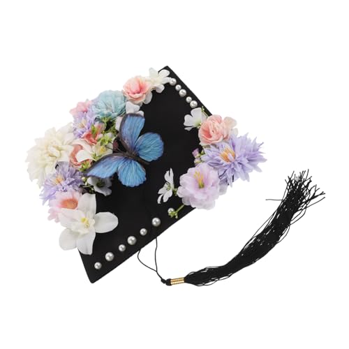 Beatifufu Graduationshut für Erwachsene mit Schmetterlings und Blumenverzierung Quadratischer Abschluss Hut mit Quaste für College und Masterfeiern Partydekoration und Erinnerungsfoto von Beatifufu