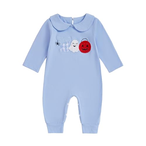 Baby Jungen Mädchen Halloween Kleidung Langarm Strampler Neugeborene Overall Bodysuit Geisterdruck Halloween-Outfit 0-12 Monate (Blau, 6-12 Monate) von Beauace