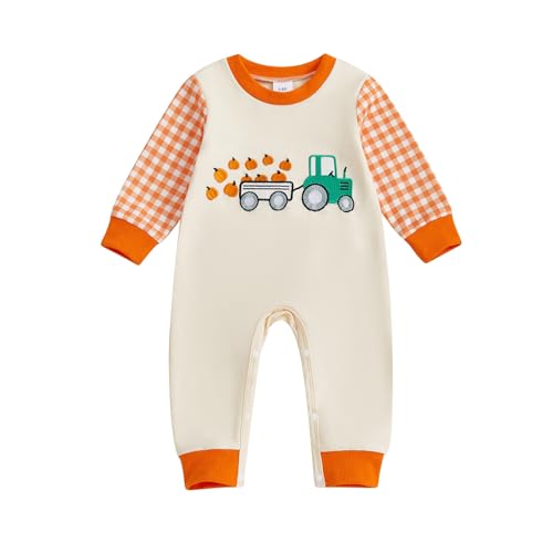 Baby Jungen Mädchen Halloween Strampler Outfit Neugeborene Kürbiswagen Druck Babysuit Einteiler Overalls (Aprikose, 3-6 Monate) von Beauace