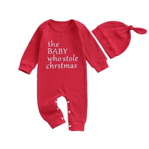 Baby Jungen Mädchen Weihnachten Outfit Strampler Neugeborene Weihnachtenoutfits Kleinkinder Winter Overall + Hut Chrstmas Kleidung Set (Red, 6-9 Monate) von Beauace