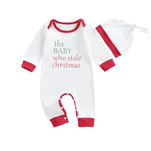 Baby Jungen Mädchen Weihnachten Outfit Strampler Neugeborene Weihnachtenoutfits Kleinkinder Winter Overall + Hut Chrstmas Kleidung Set (Weiß, 3-6 Monate) von Beauace