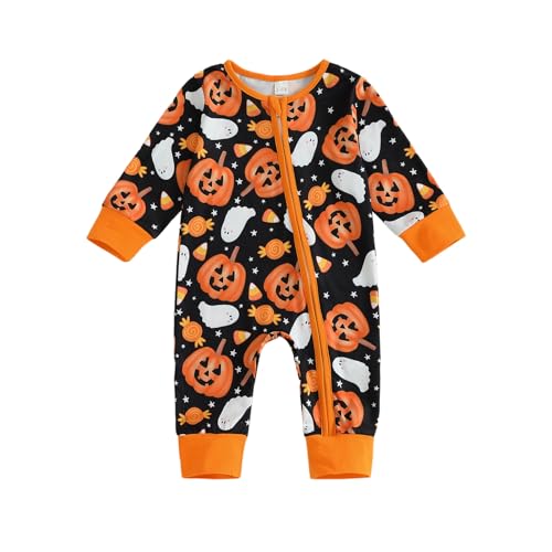 Beauace Baby Halloween Kostüm Neugeborenen Kürbis Strampler Mädchen Jungen Outfits mit Reißverschluss 0-6 Monate (Schwarz, 6-12 Monate) von Beauace