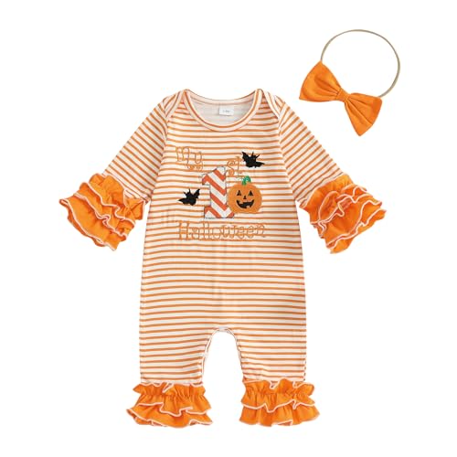 Beauace Baby Halloween Mädchen Kostüm Stramper + Strinband Kürbis/Geist Druck Outfits Neugeborene Bodysuit Mein-Erster- Halloween Kleidung (Gelb, 0-3 Monate) von Beauace