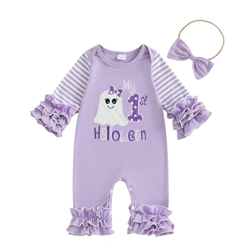 Beauace Baby Halloween Mädchen Kostüm Stramper + Strinband Kürbis/Geist Druck Outfits Neugeborene Bodysuit Mein-Erster- Halloween Kleidung (Lila, 0-3 Monate) von Beauace