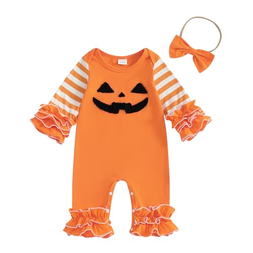 Beauace Baby Halloween Mädchen Kostüm Stramper + Strinband Kürbis/Geist Druck Outfits Neugeborene Bodysuit Mein-Erster- Halloween Kleidung (Orange, 12-18 Monate) von Beauace