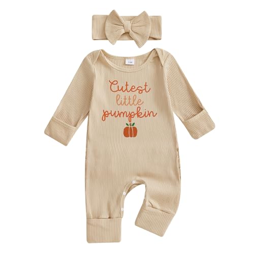 Beauace Baby Mädchen Halloween Outfits Langarm Strampler mit Fuß Kürbis Druck + Stirnband Bodysuit Neugeborene Outfit Mein-Erste-Halloween-Kleidung (Khaki, Neugeborenen) von Beauace