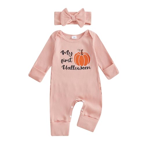 Beauace Baby Mädchen Halloween Outfits Langarm Strampler mit Fuß Kürbis Druck + Stirnband Bodysuit Neugeborene Outfit Mein-Erste-Halloween-Kleidung (Rosa, 0-3 Monate) von Beauace