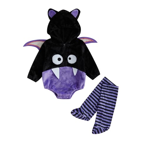 Beauace Baby Mädchen Jungen Halloween Kostüm 3D Fledermaus Langarm Strampler mit Hut + Lange Strümpfe (Lila, 0-3 Monate) von Beauace