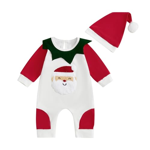 Beauace Weihnachten Baby Strampler Weihnachtsmann Druck Langarm Body + Hut Outfit Neugeborene Geschenkidee Bodysuit Weihnachts Babykleidung (Rot, 0-3 Monate) von Beauace