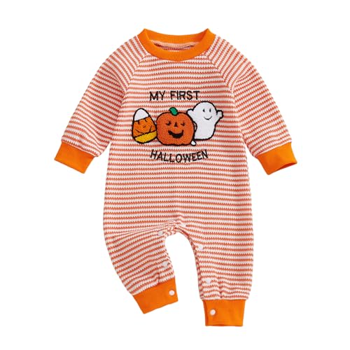 Halloween Kostüm Baby Jungen Mädchen Langarm Strampler Overall Neugeborene Outfit Kürbis Druck Baby-Body Herbst Winter Babykleidung (Orange, 6-12 Monate) von Beauace