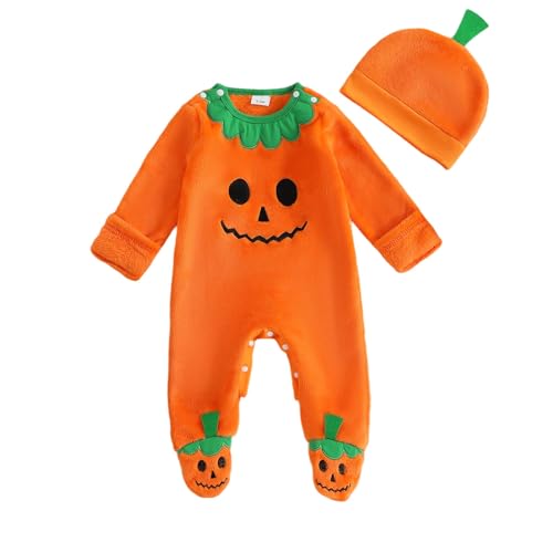 Halloween Kostüm Kürbis Baby Jungen Mädchen Kleinkind Langarm Strampler + Hut Overall Kleidung Set Winter Langarm Babybody mit Fuß (Orange, 3-6 Monate) von Beauace