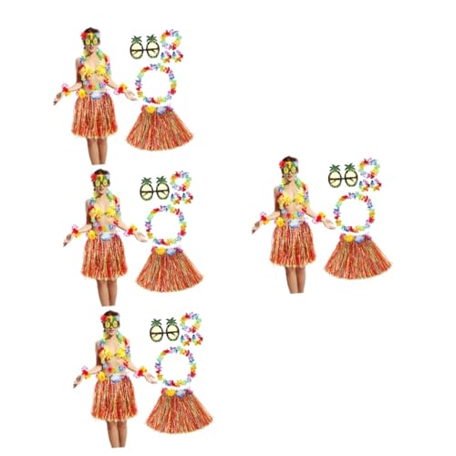 4 Sätze Hawaiian Outfit für Frauen Teiliges Kostüm mit Grasrock Blumenkranz Sonnenbrille für Luau Partys Sommerfestivals von Beaupretty