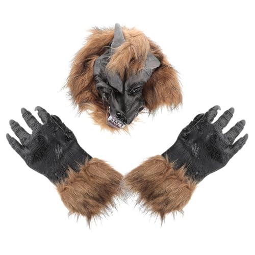 Beaupretty 1 Satz Wolfkopf Maske mit Klauen Handschuhen Halloween Cosplay für Kostümparty Realistische Tiermaske und Requisiten für Spaß und Scherze von Beaupretty