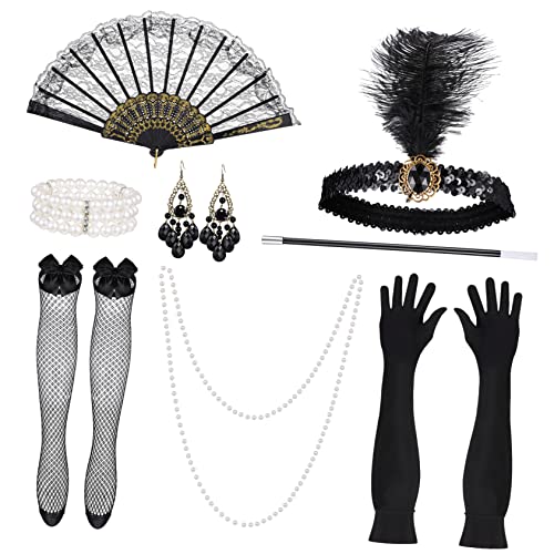 Beaupretty 1Satz Flapper Kostüm Teilig mit Stirnband Halskette Handschuhen Armreifen Ohrringen Fächer Strumpfhosen Zigarettenspitze Jahre Partyzubehör für Vintage Events von Beaupretty
